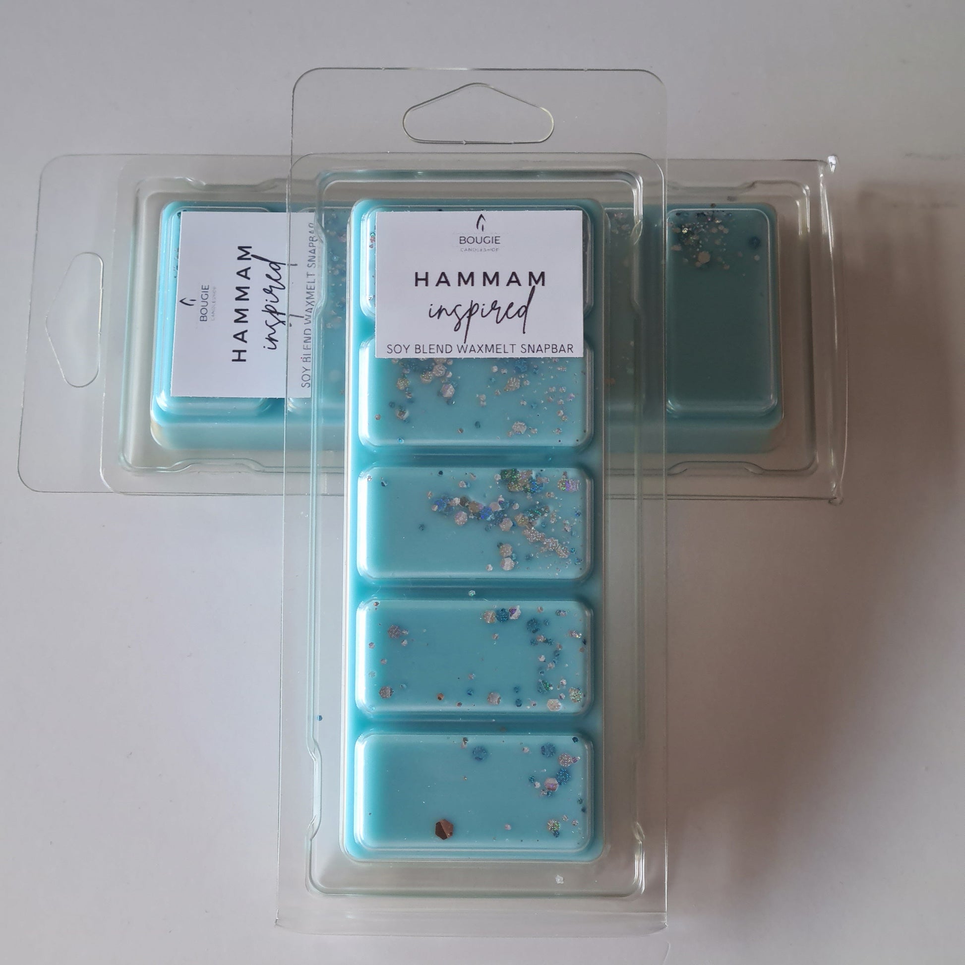 Waxmelt snapbar hammam inspired, geïnspireerd op de geur van Rituals, blauw van kleur met blauw en zilveren glitters, waxmelts.
