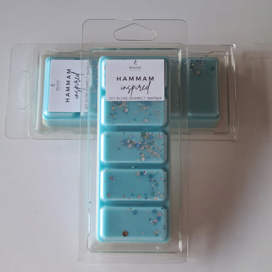 Waxmelt snapbar hammam inspired, geïnspireerd op de geur van Rituals, blauw van kleur met blauw en zilveren glitters, waxmelts.