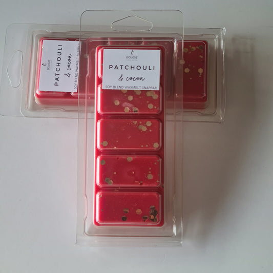 Waxmelt snapbar patchouli & cocoa, rood van kleur met gouden glitters, waxmelts.